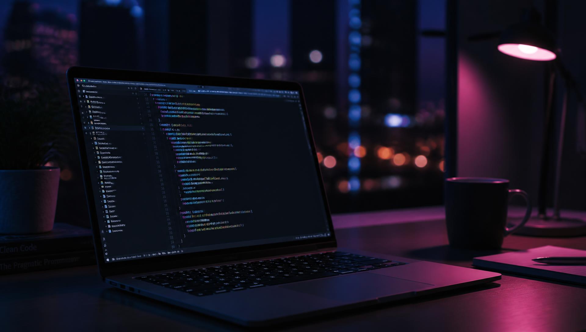 Laptop at night showing lines of code, lit by pink desk light