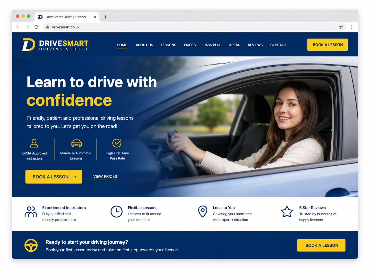 Safety First Driving School website homepage on a browser window